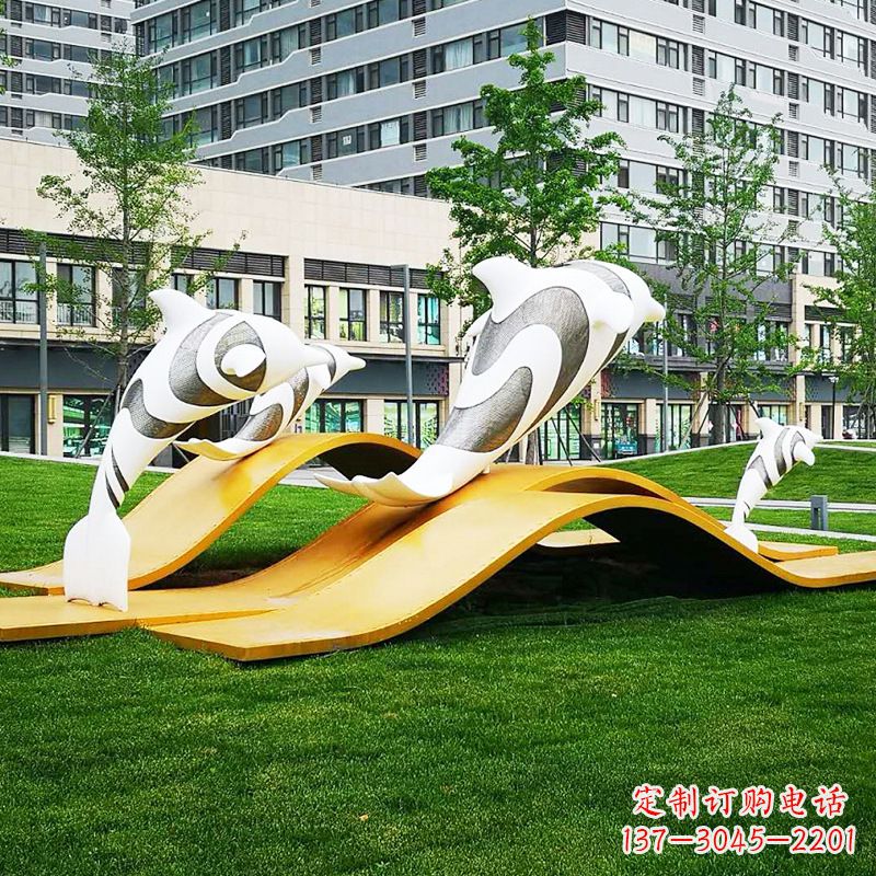 南通玻璃钢海豚景观雕塑-城市园林创意动物景观雕塑