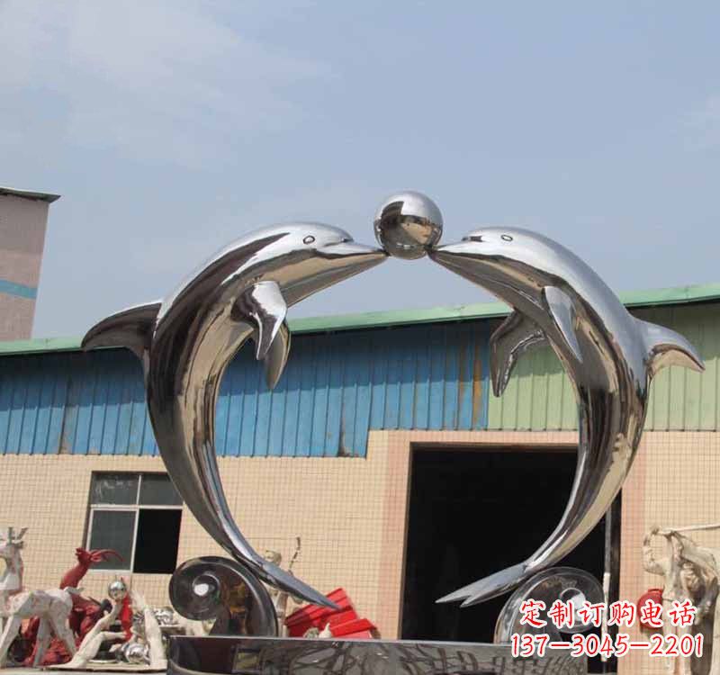 南通海豚之恋——不锈钢公园镜面海豚顶球雕塑
