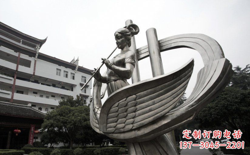 南通古典美女不锈钢吹笛子雕塑