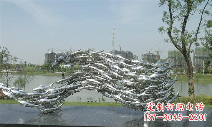 南通精美动物雕塑点缀不锈钢鱼群公园