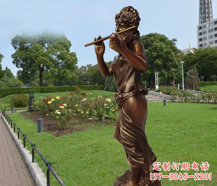 南通吹笛子的美女城市花园景观玻璃钢仿铜雕塑