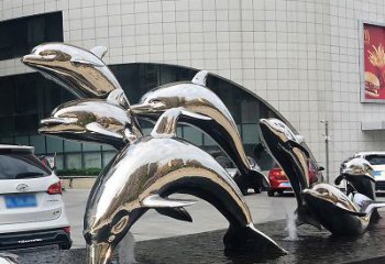南通海豚雕塑点亮城市商场的不锈钢镜面水景