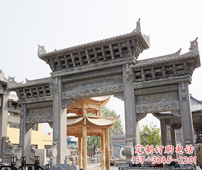 南通村庄大理石三门牌坊石雕