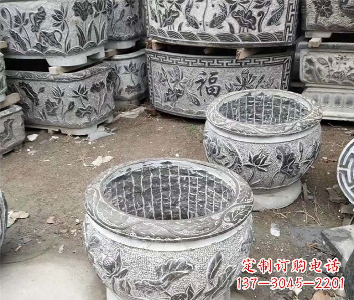 南通仿古荷花石浮雕水缸塑像