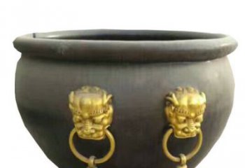 南通传统工艺鎏金狮子头水缸铜雕塑