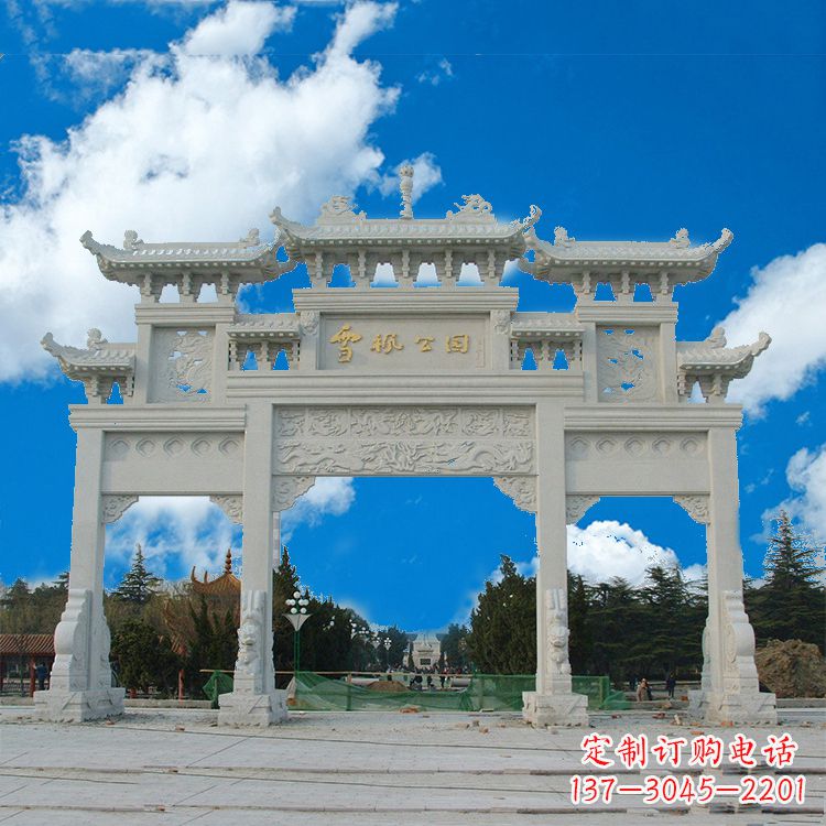 南通传承历史的精美汉白玉三门牌楼雕塑