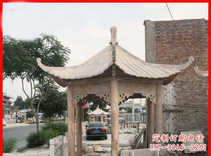 南通公园晚霞红六角石凉亭雕塑