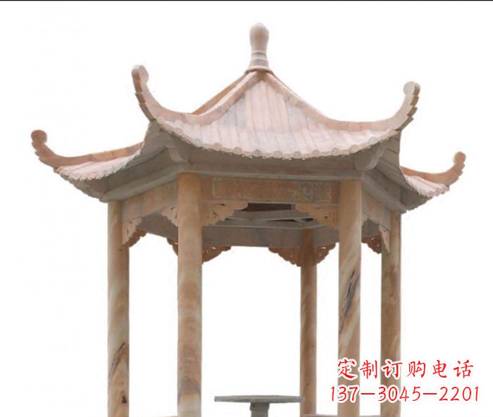 南通美丽而优雅的公园晚霞红六角石凉亭雕塑