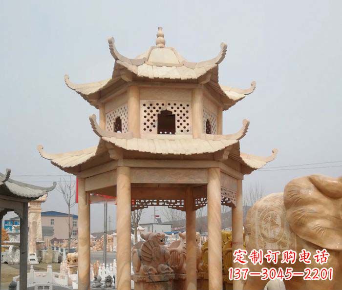 南通红双层六角石凉亭雕塑