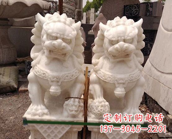 南通汉白玉踩绣球狮子石雕_2