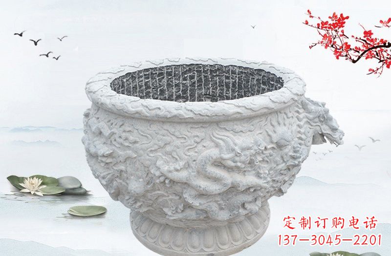 南通汉白玉龙浮雕水缸