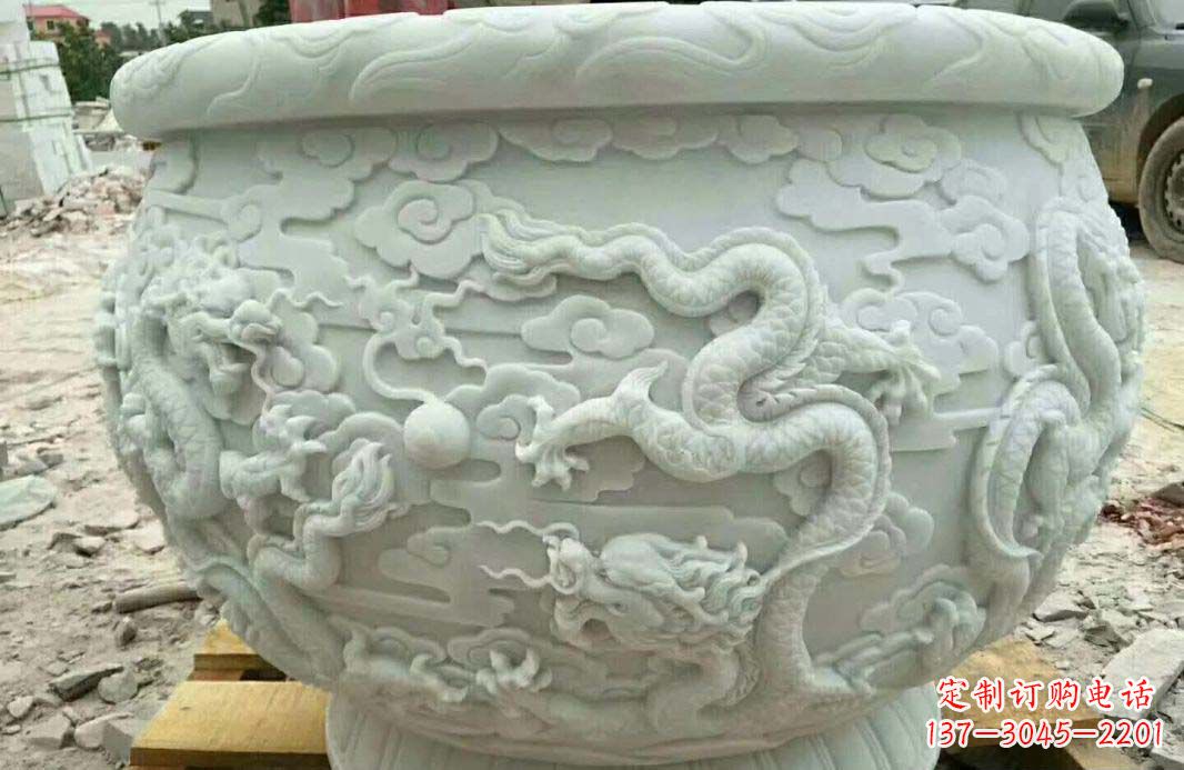 南通汉白玉龙浮雕水缸雕塑
