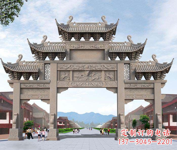 南通景区三门石雕牌楼——精美雕塑定制