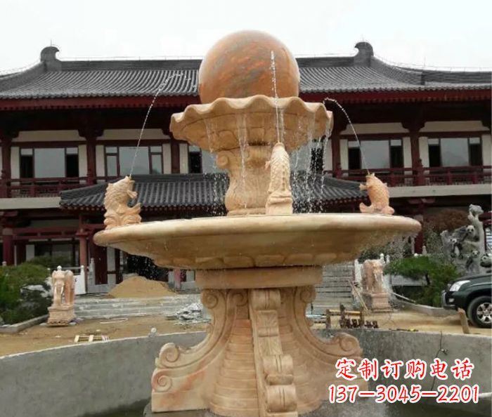 南通双层风水球喷泉晚霞红石雕