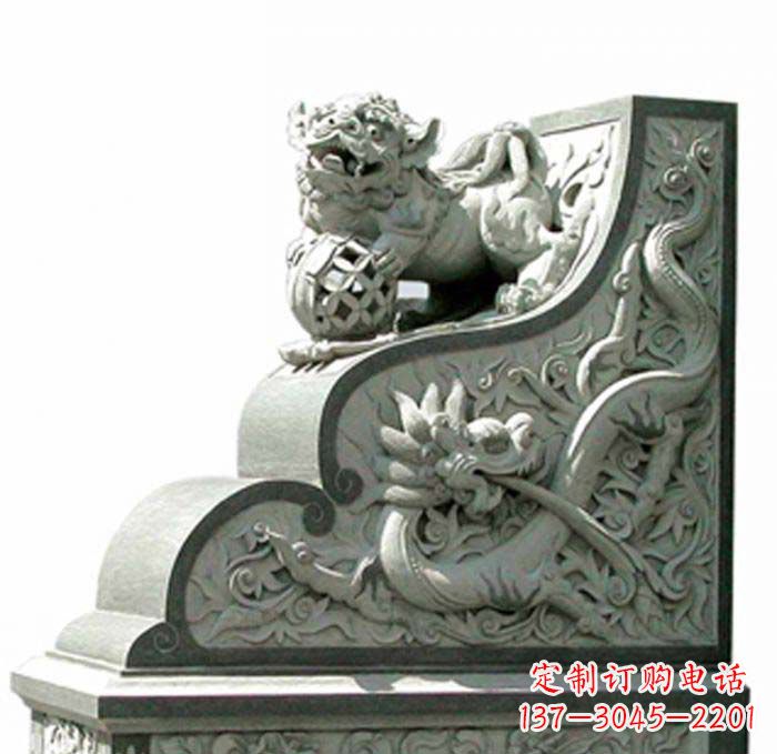 南通寺庙景观玩绣球狮子石雕门墩