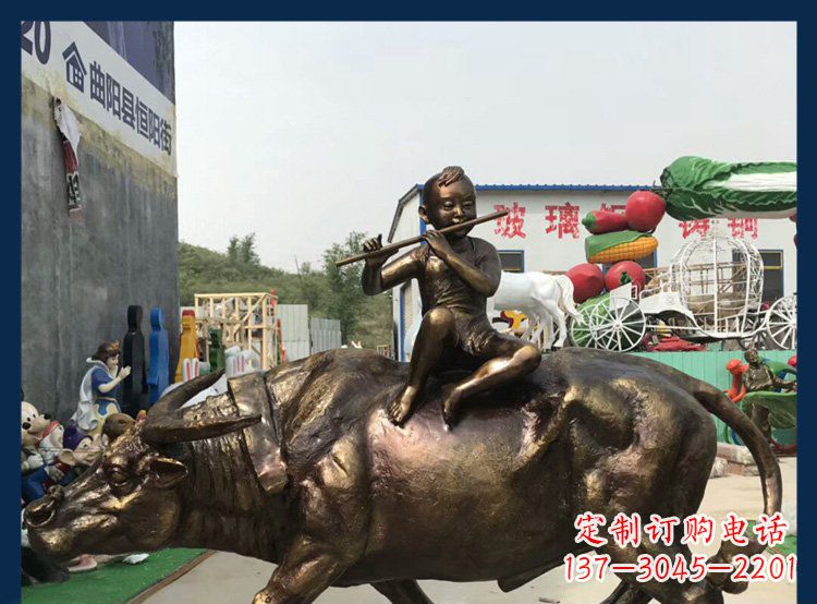 南通田园铜雕木头骑黄牛动物雕塑