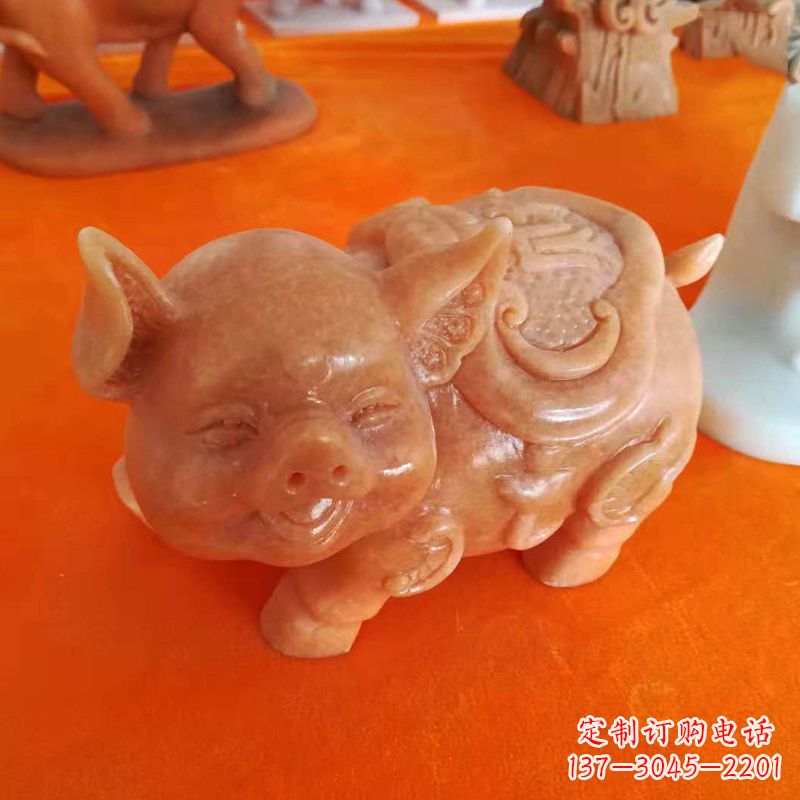 南通晚霞红大理石招财猪雕塑-企业商场创意生肖动物风水摆件