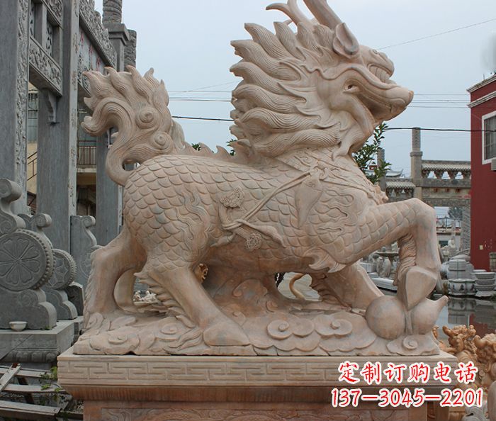 南通晚霞红古代神兽麒麟石雕