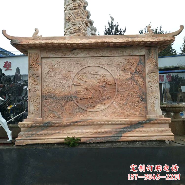 南通晚霞红麒麟影壁墙石雕