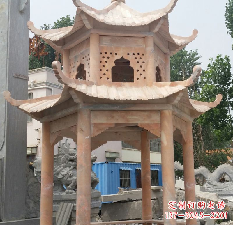 南通晚霞红双层六角凉亭石雕 (2)