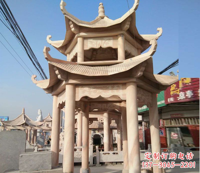 南通晚霞红双层六角凉亭石雕 (3)