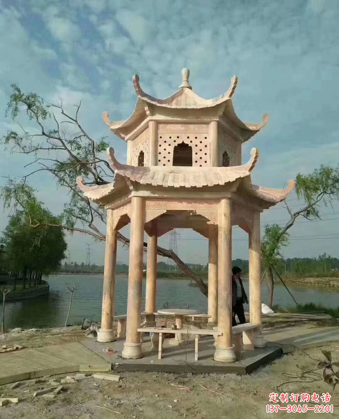 南通晚霞红双层石凉亭 (2)