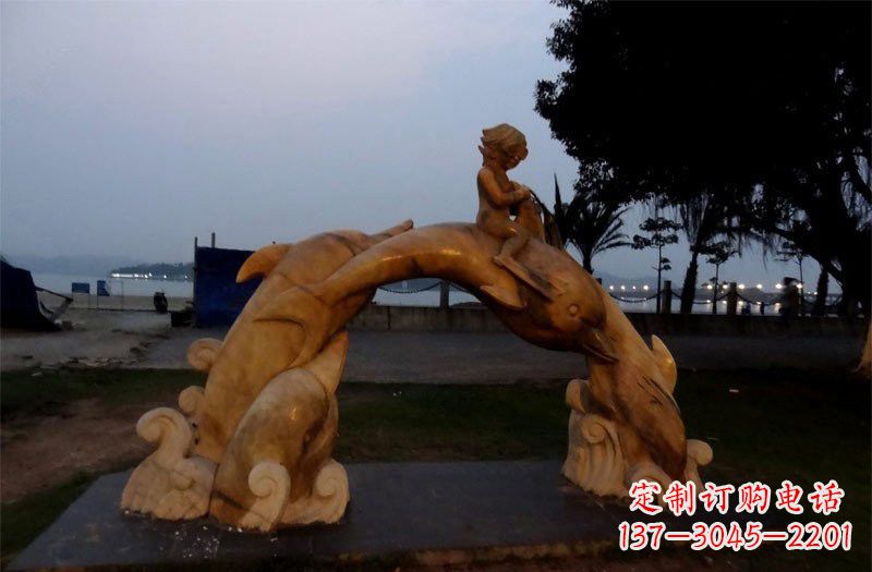 南通西方儿童骑海豚石雕
