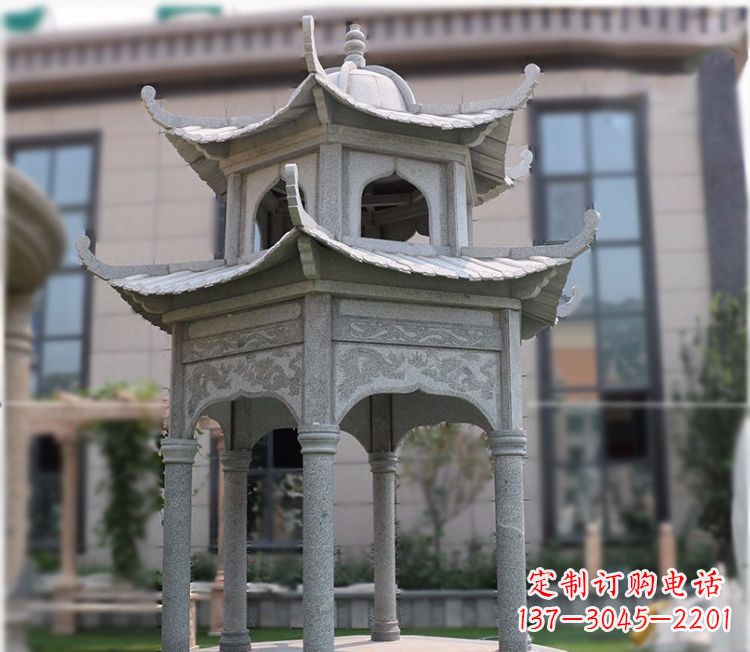 南通小区大理石六角石雕双层凉亭