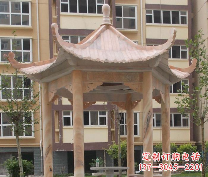 南通小区晚霞红六角凉亭石雕