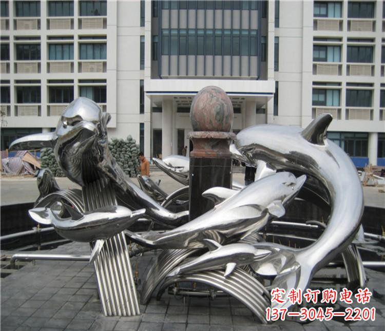 南通校园不锈钢海豚海浪雕塑