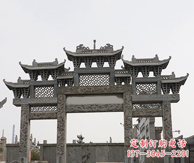 南通园林仿古三门牌坊石雕 (4)