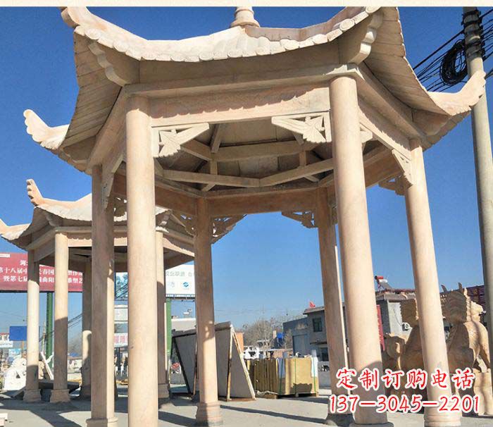 南通园林景观晚霞红六角石雕凉亭 (2)
