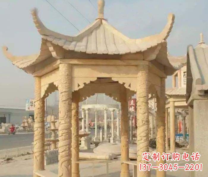 南通园林景观晚霞红六角石雕凉亭 (3)