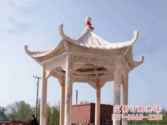南通园林景观晚霞红六角石雕凉亭