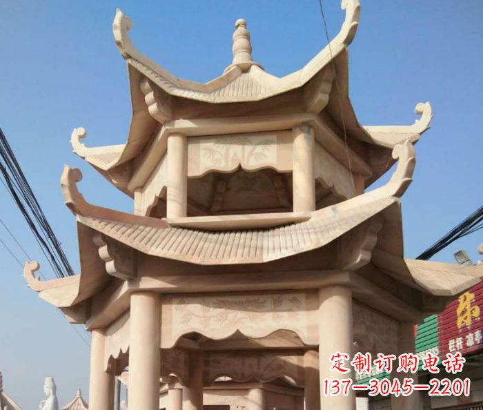 南通园林景观晚霞红双层石雕凉亭 (2)