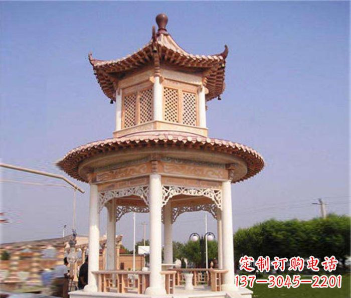 南通园林景观晚霞红双层石雕凉亭 (4)