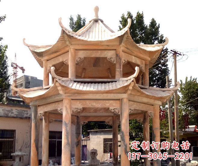 南通园林景观晚霞红双层石雕凉亭