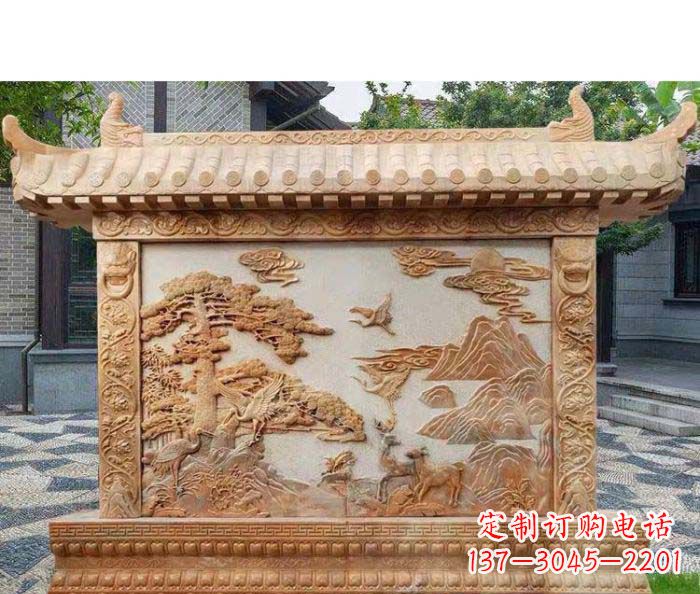南通园林景观晚霞红松鹤石浮雕影壁