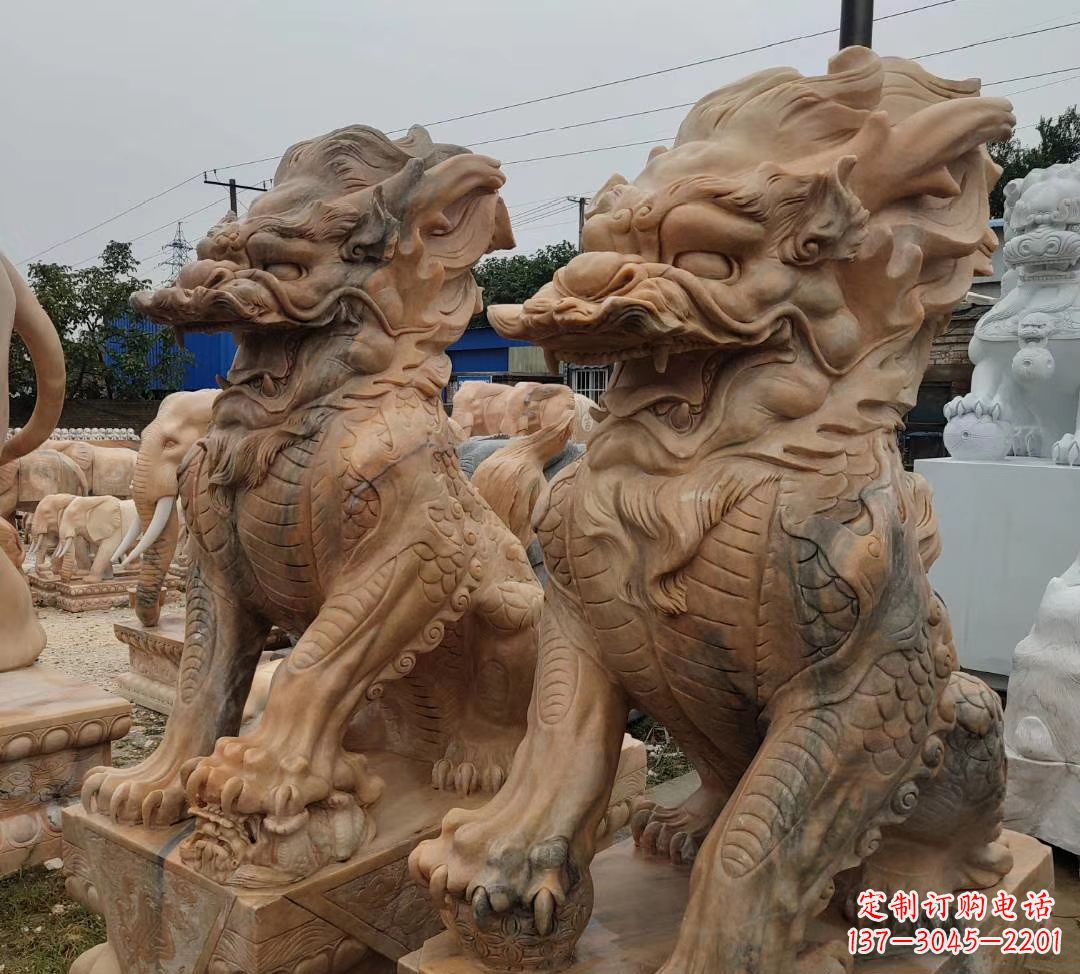 南通园林晚霞红古代招财神兽麒麟石雕