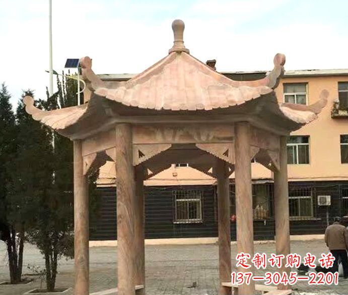 南通园林晚霞红六角石雕凉亭
