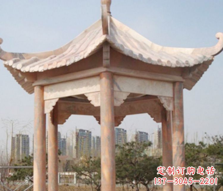 南通园林晚霞红六角石凉亭景观石雕