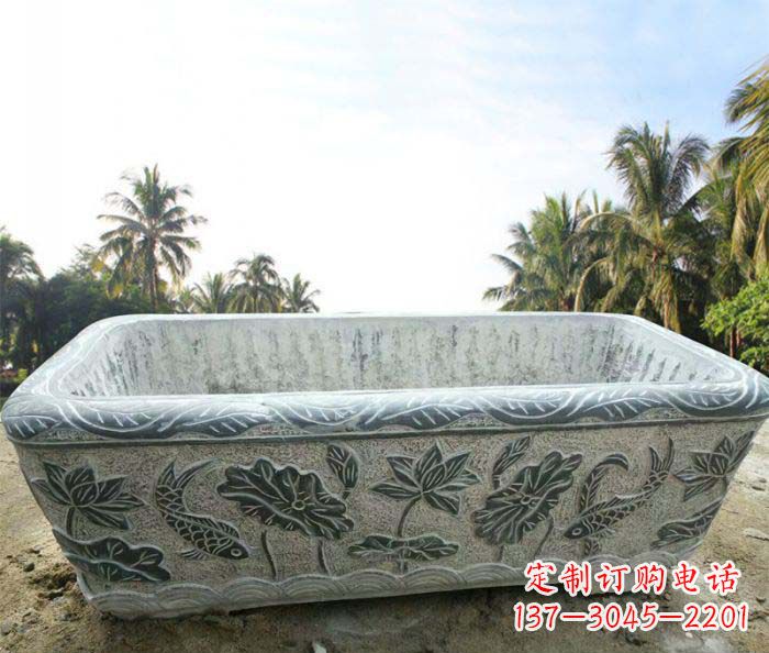南通长方形连年有余荷花浮雕石水缸
