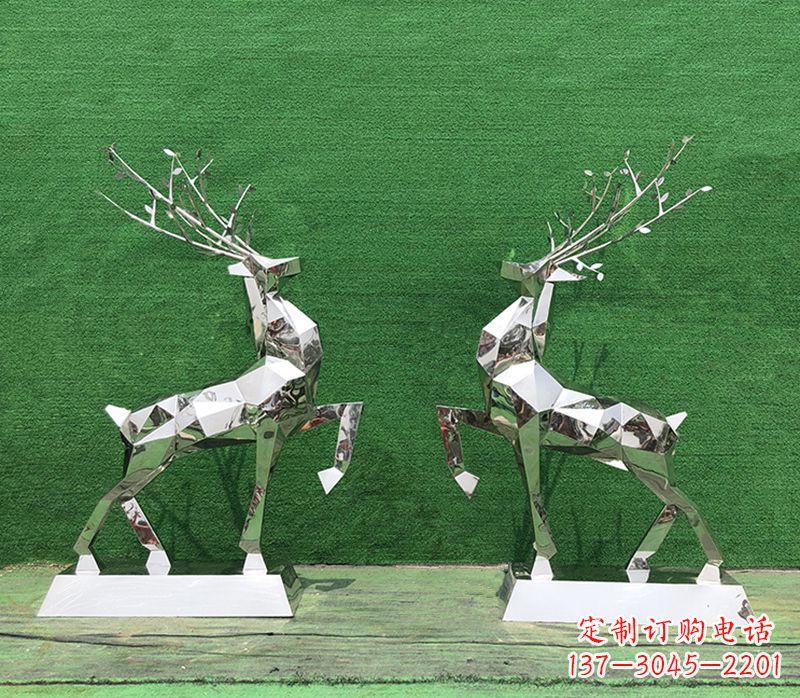 南通梅花鹿雕塑-公园两只不锈钢镜面梅花鹿雕塑