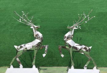 南通梅花鹿雕塑-公园两只不锈钢镜面梅花鹿雕塑